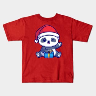 Cute Panda With Gift Box In Winter Cartoon Kids T-Shirt